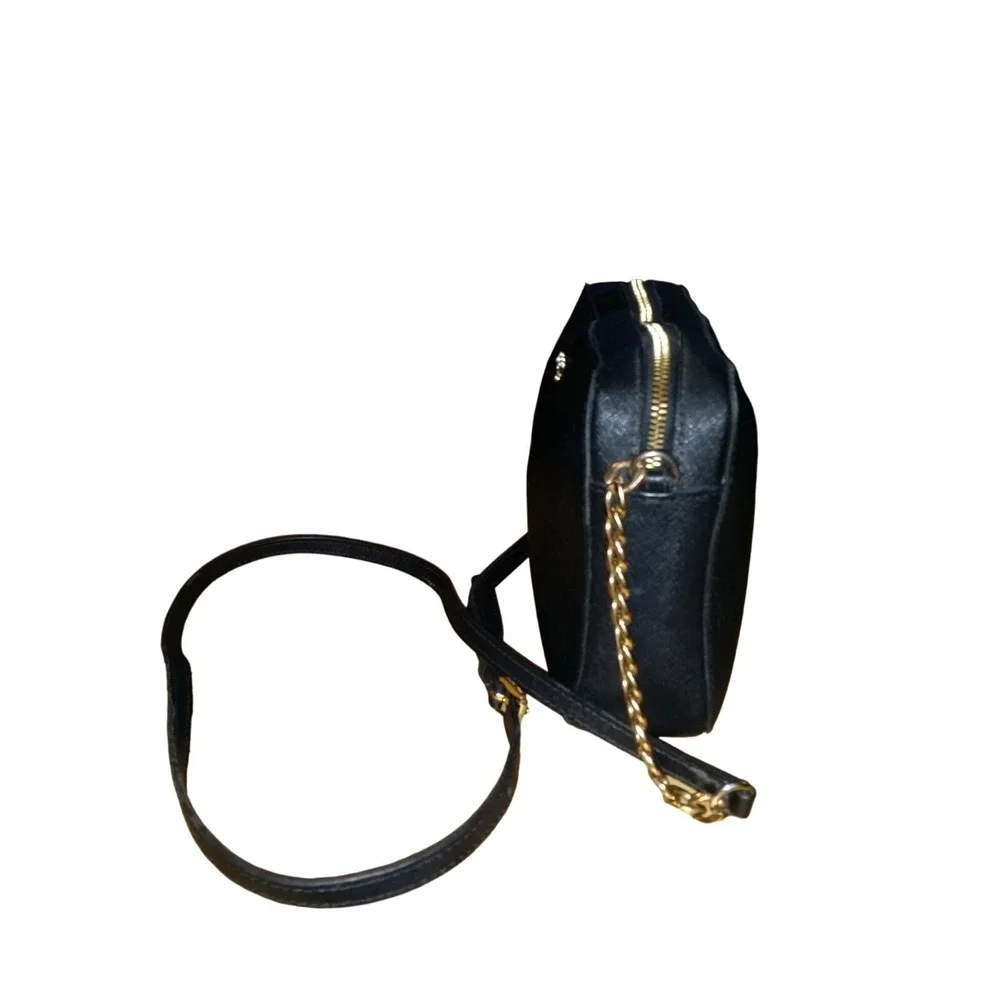 Michael Kors Jet Set Black Saffiano Leather Crossbody Bag Gold Chain Strap Purse